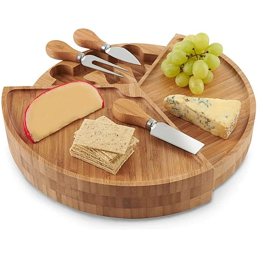Kitchen Household Rotate Round Bamboo Cheese Wood Charcuterie Board Box with Knife Dividers