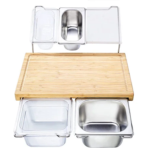New Product Kitchen Storage Bamboo Cutting Board with 2 Sliding Plastic High Capacity Containers
