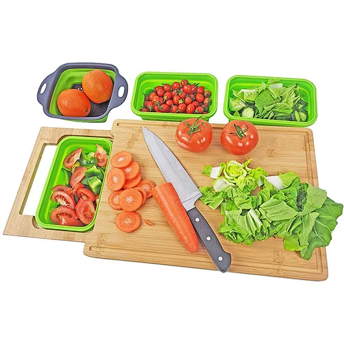 Wholesale Customization Bamboo Cutting Board with Sliding Tray Drawer Plastic Container for Storage