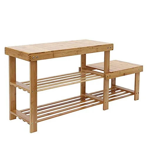 Bamboo Shoe Bench Storage Rack with High and Low Levels for Adult and Child