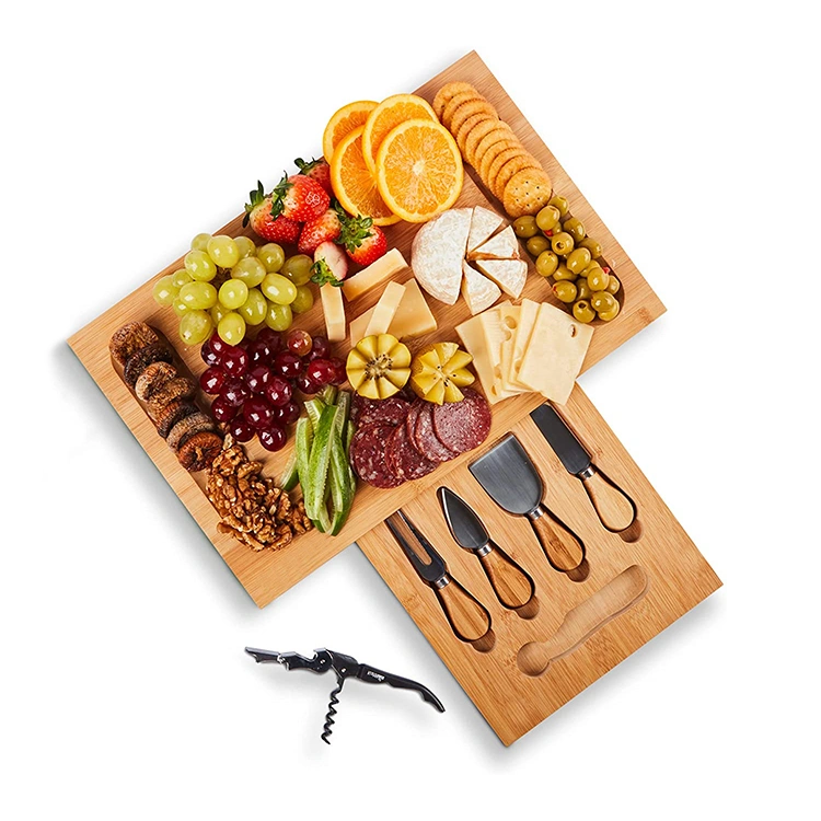 Factory Direct Sales High Quality Kitchen Square Bamboo Cheese Charcuterie Board Set with Knives