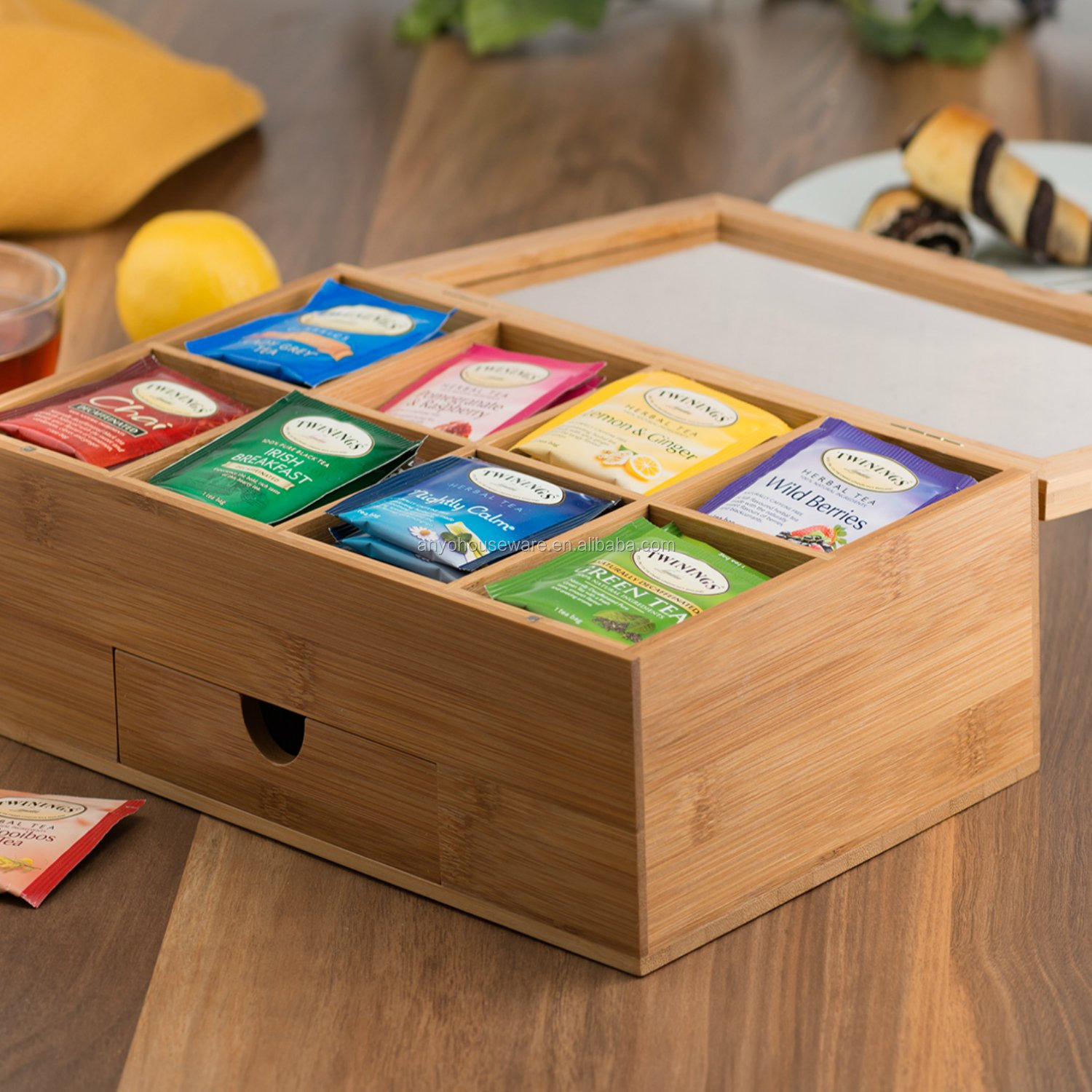 100% bamboo 8 compartment tea box tea bag holder with drawer
