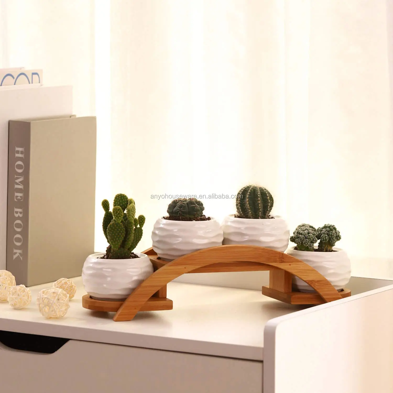 Wholesale eco-friendly bamboo plant pot stand tabletop for succulent plants