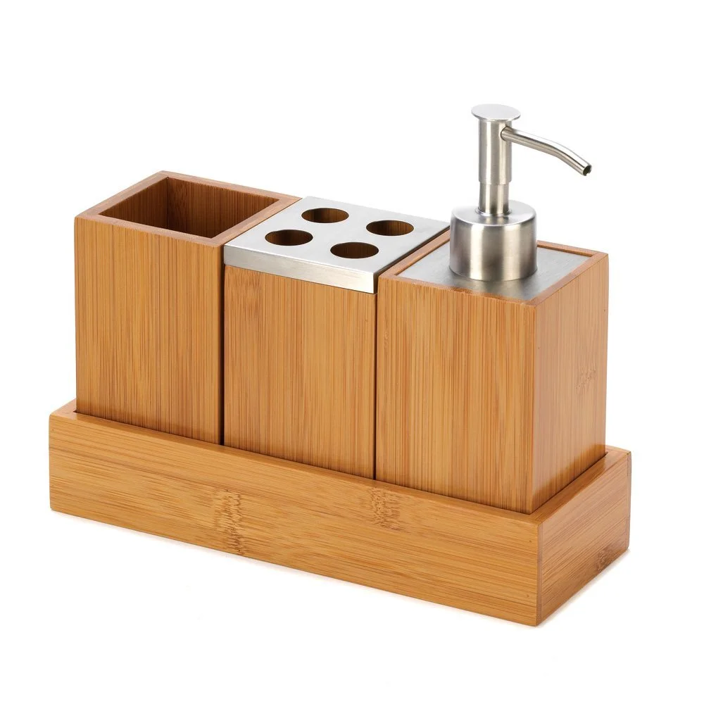 Hot Wholesale Natural Bamboo wood vanity bamboo hotel set for bathroom bath accessories