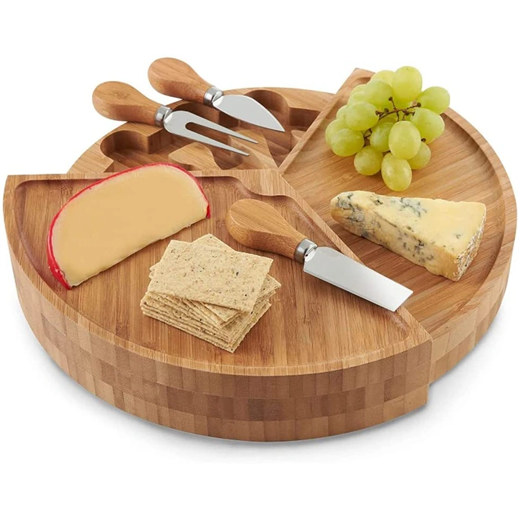 Kitchen Household Rotate Round Bamboo Cheese Wood Charcuterie Board Box with Knife Dividers