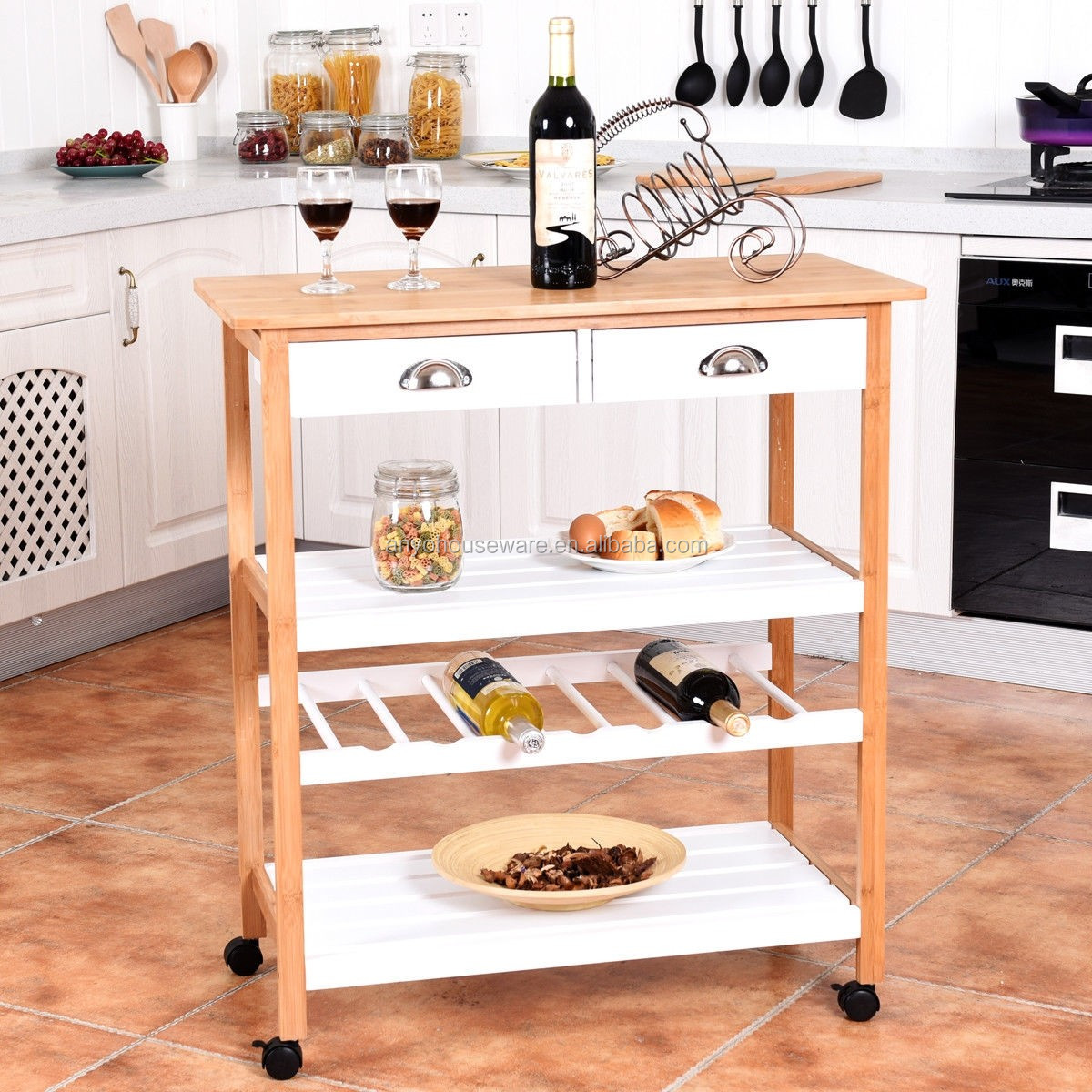 Kitchen Furniture Food Service Cart Bamboo Trolley with Wine Rack and Wheel