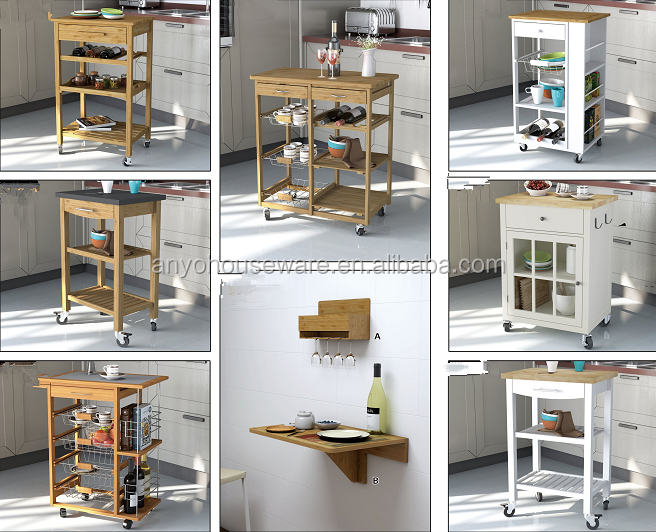 PVC Surface Grey Wood Kitchen Trolley With Wine Rack