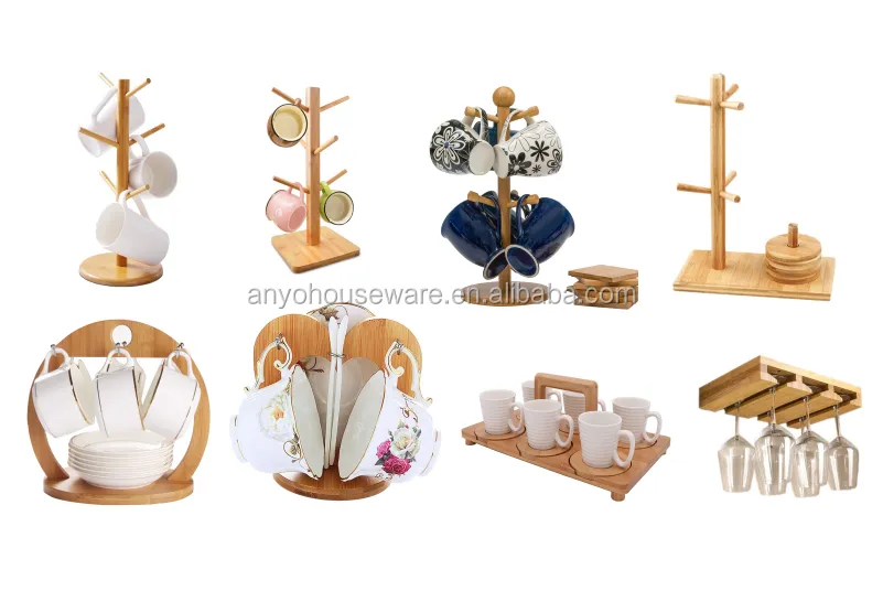 Multifunctional kitchen storage removable mug holder standing bamboo coffee cup holders