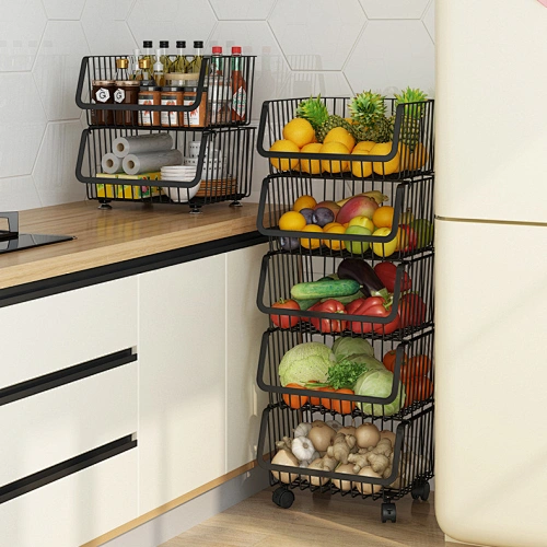 Multifunction Tier Kitchen Organizer Wire Fruit Vegetable Display Rack Stackable Basket WIth Wheel