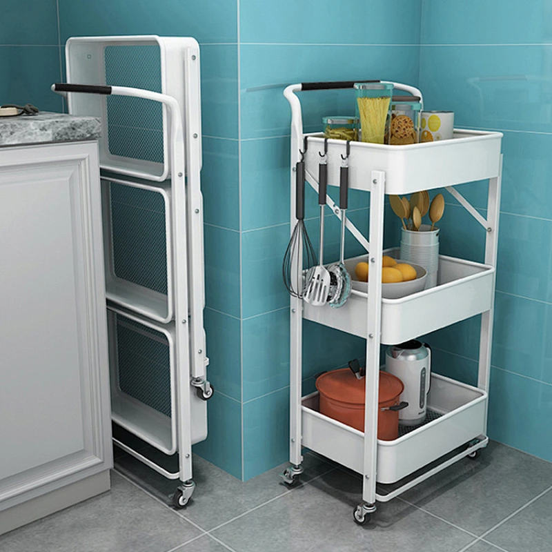 three-layer collapsible storage car High Strength Carbon Steel Smooth Surface Coating Bearing Stability Kitchen Folding Storage