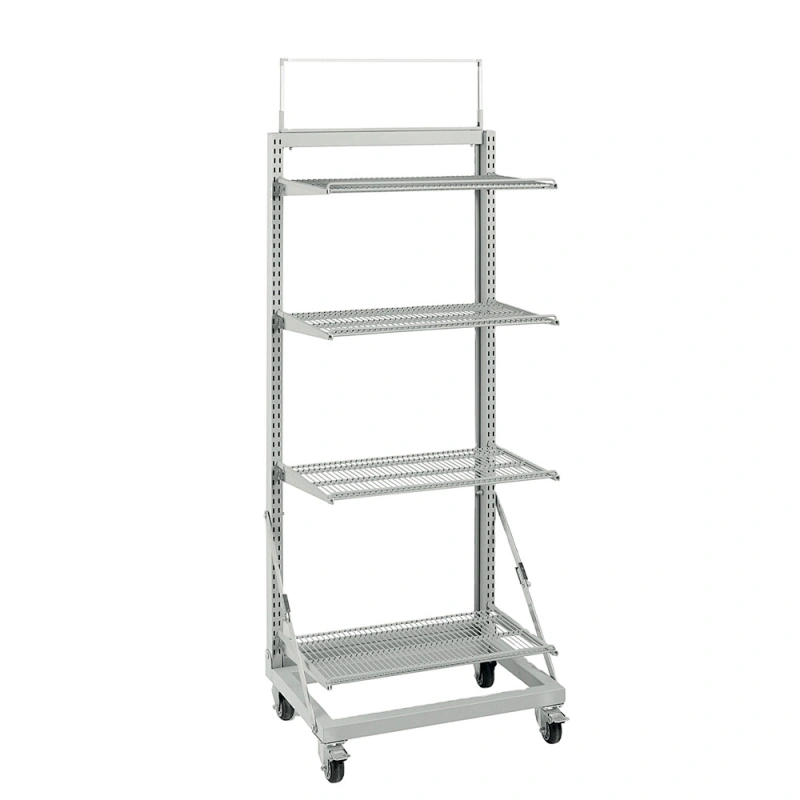 4-layer Foldable & Easy to Move Floor Display Cart Supermarket Rack Light Duty Metallic Single-sided