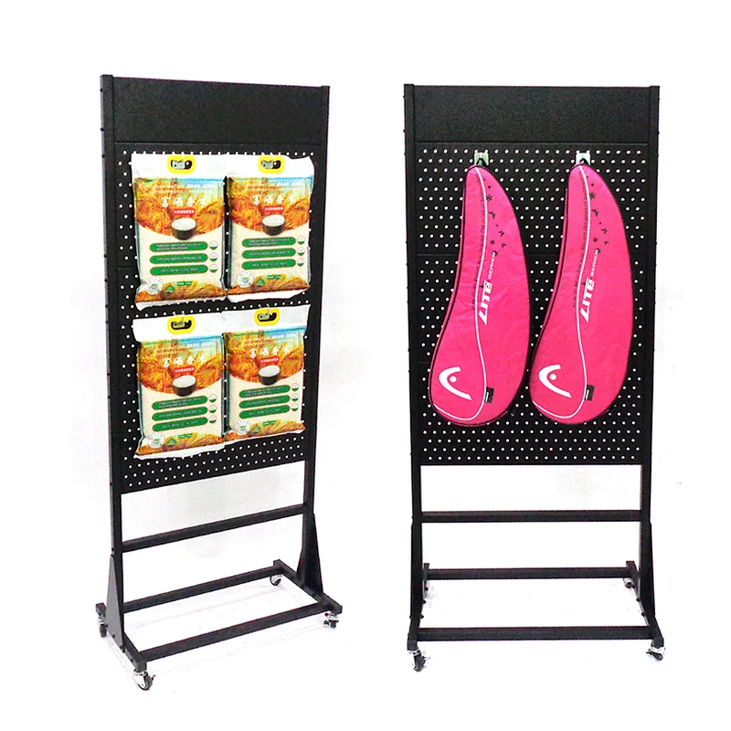 Metal Perforated Advertising Display Rack Floor Standing Pegboard Hanging Hooks Display Rack Black OEM Customized