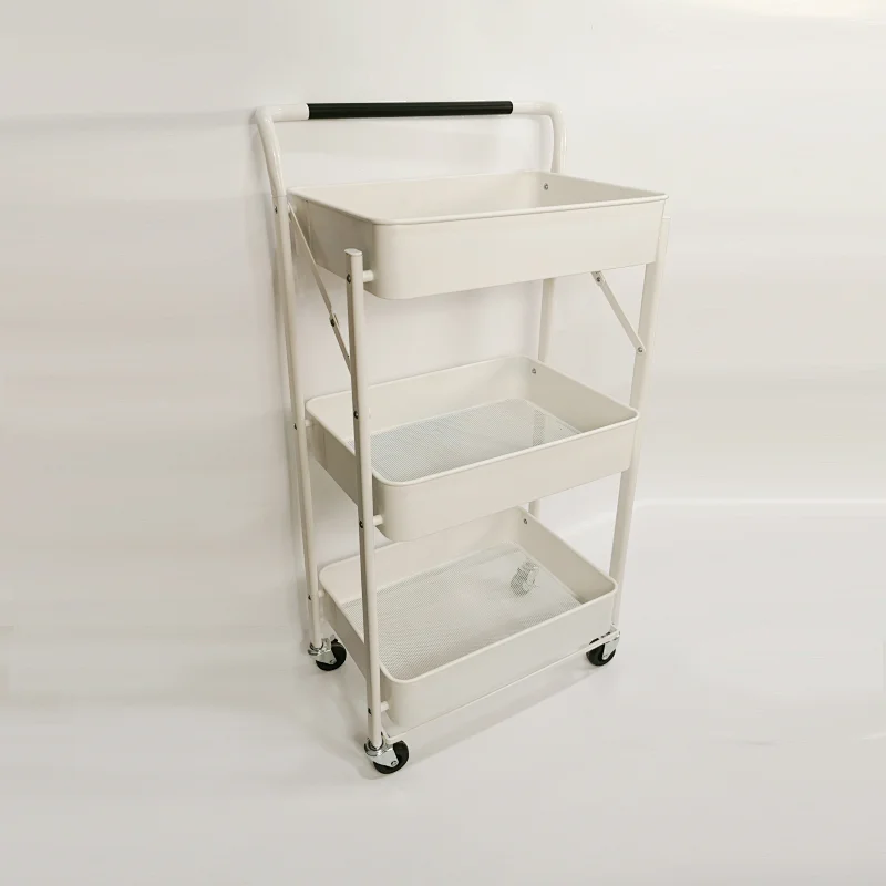three-layer collapsible storage car High Strength Carbon Steel Smooth Surface Coating Bearing Stability Kitchen Folding Storage