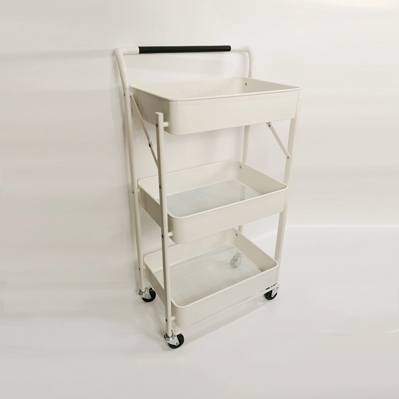 three-layer collapsible storage car High Strength Carbon Steel Smooth Surface Coating Bearing Stability Kitchen Folding Storage