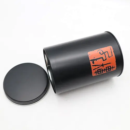 Custom printing cylinder tea tin box container wholesale black round empty metal tea tin can