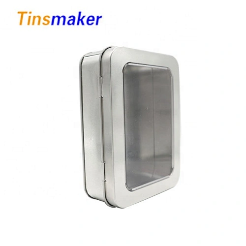 silver jewelry tin empty food grade rectangular large thin metal hinged tin box  small sliver hinges tin box with pvc window