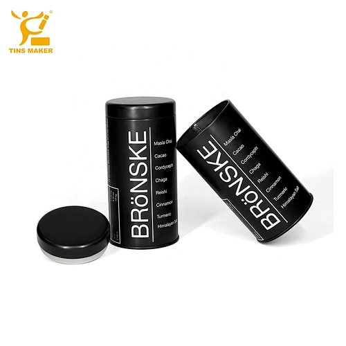 Wholesale printing design food grade airtight round black matte tins custom coffee tin can tea metal tins container with lid