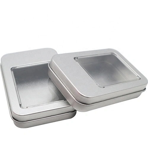 Wholesale Custom Embossed Rectangle With Clear Window Lids Container Boxes For Cookie Tea Hinge Tin Box Packaging