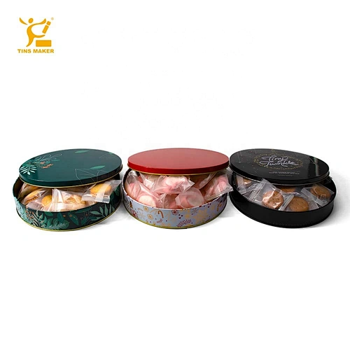 OEM Fortune Luxury Cute Christmas Holiday Round Metal Cookie Biscuit Shaped Packaging Tin Box Can Clear Lids With Window