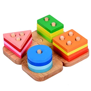 Wooden stacking building blocks four shapes geometric pattern puzzle shape color learning for 1 2 3 Year Toddlers