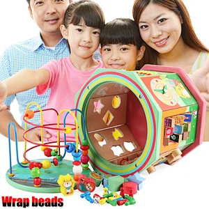 Wooden Kindergarten Early Education Puzzle Toy Splicing Game for 8 Sides Big Beads Coaster for Children