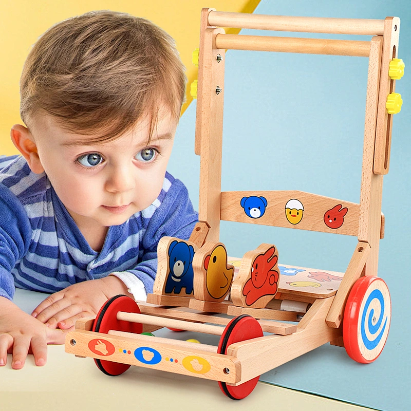 Hot sale educational toy hands intellectual block toys kids cartoon wooden beads transport trailer baby walker