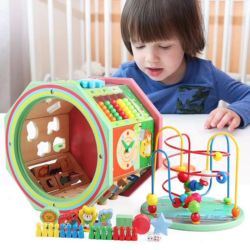 Wooden Kindergarten Early Education Puzzle Toy Splicing Game for 8 Sides Big Beads Coaster for Children