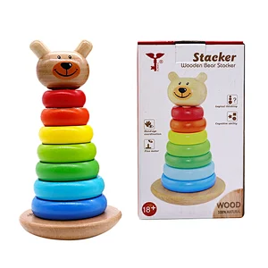 Wooden Rainbow Tower Ring Building Blocks Stacking Toy Bear Colorful Tower for children