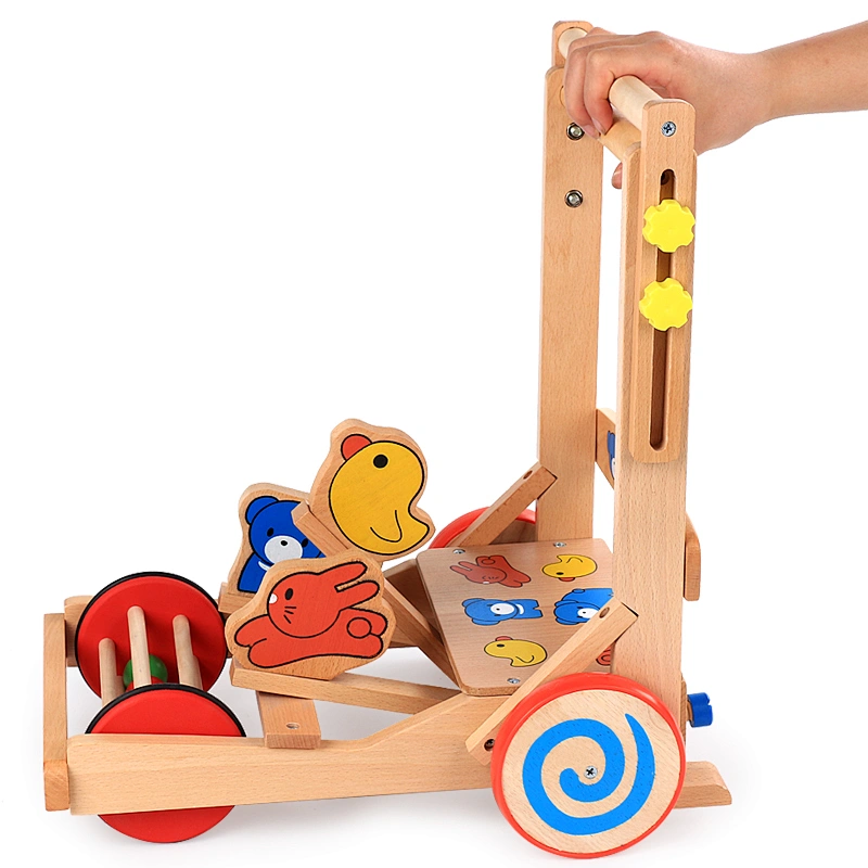 Hot sale educational toy hands intellectual block toys kids cartoon wooden beads transport trailer baby walker