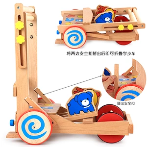 Hot sale educational toy hands intellectual block toys kids cartoon wooden beads transport trailer baby walker