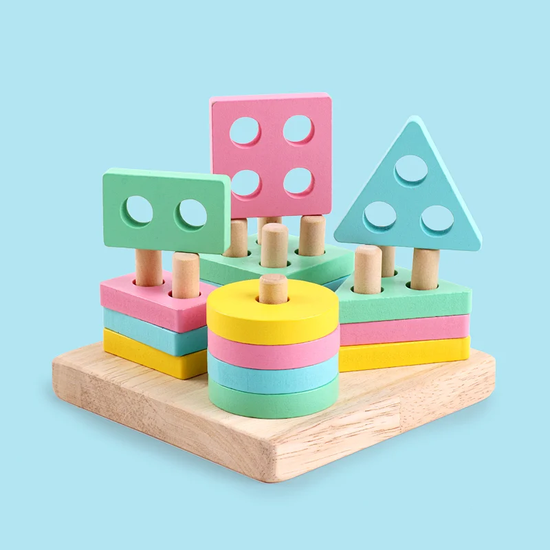 Amazon Hot Selling Wooden Kindergarten Early  Educational Puzzle Toy Splicing Game Macarons Color Recognition  Stacking Shape