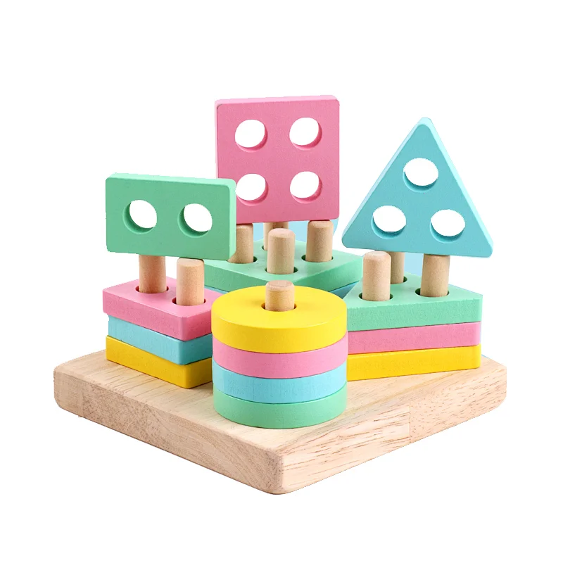 Amazon Hot Selling Wooden Kindergarten Early  Educational Puzzle Toy Splicing Game Macarons Color Recognition  Stacking Shape