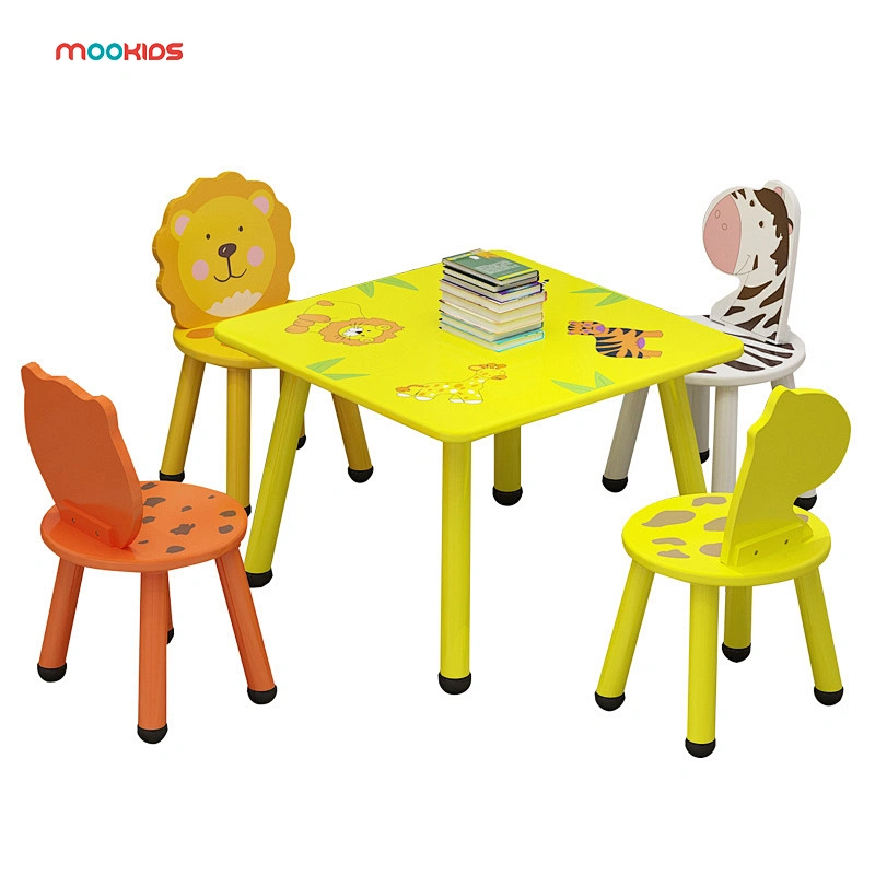 Living Room Kids Chair Toddler Chair Wooden Animal Cartoons 4 Chairs Seat And Round Square Table