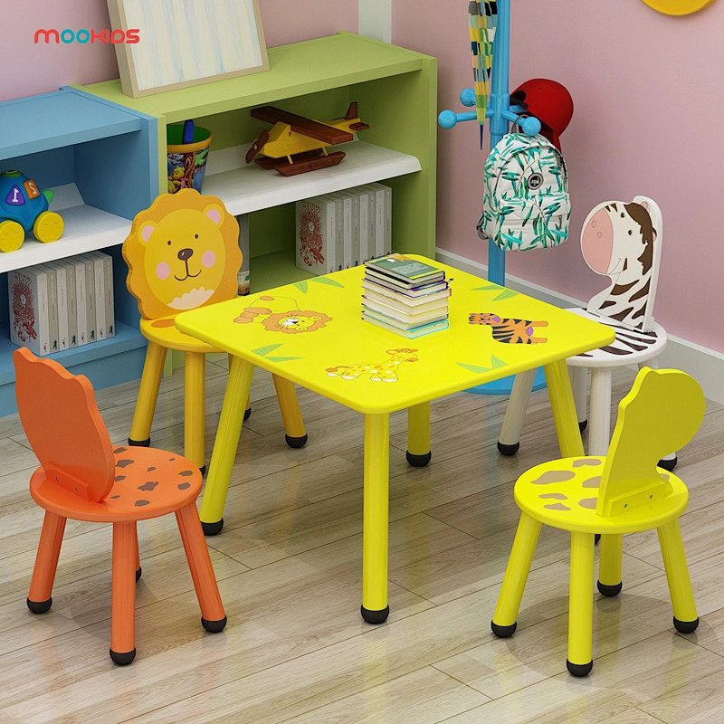 Living Room Kids Chair Toddler Chair Wooden Animal Cartoons 4 Chairs Seat And Round Square Table