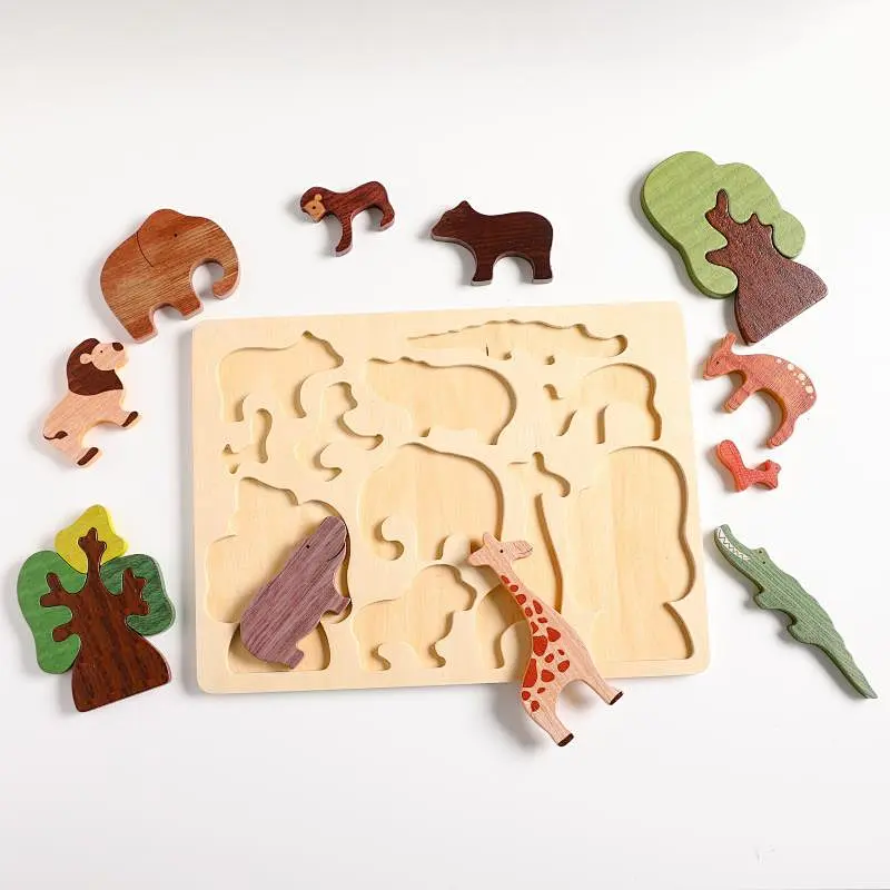 wooden animal puzzle sets educational Montessori toys for kids , - Mookids
