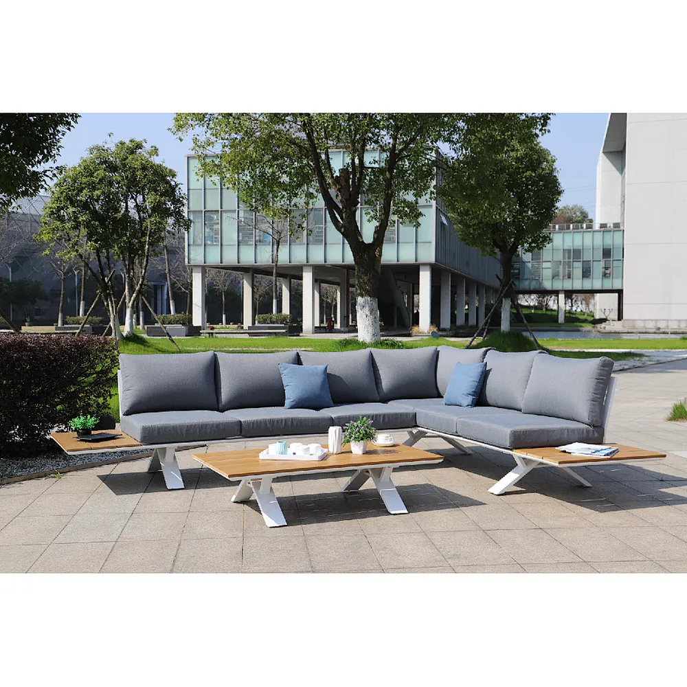 Luxury Aluminum garden corner sofa set with polywood table