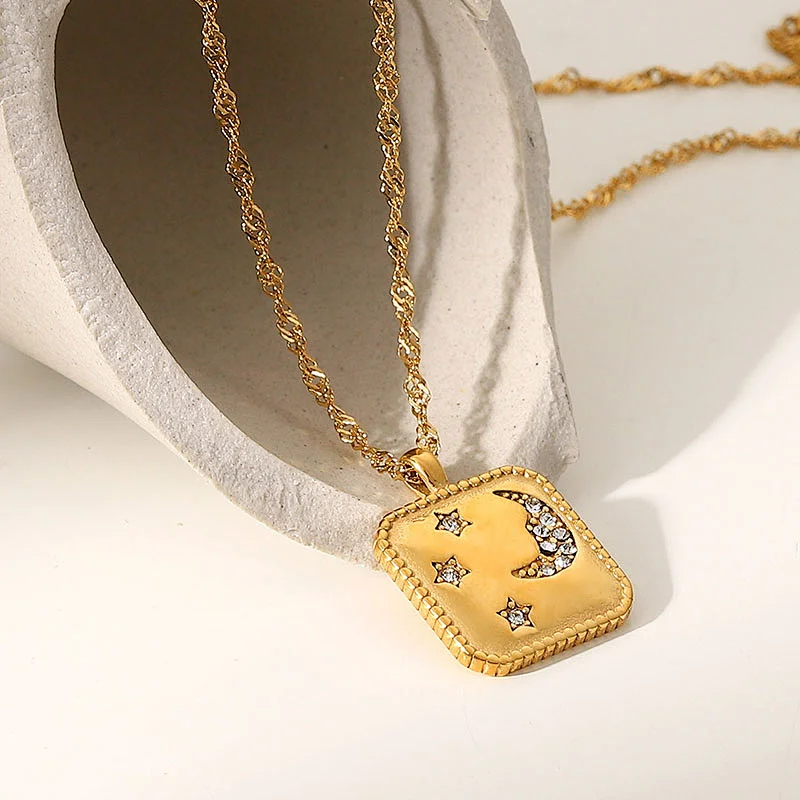 Moon Star Square Zircon Pendant Chain Necklace