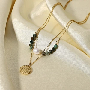Natural Stone Pearl Pendant Layered Steel Necklace