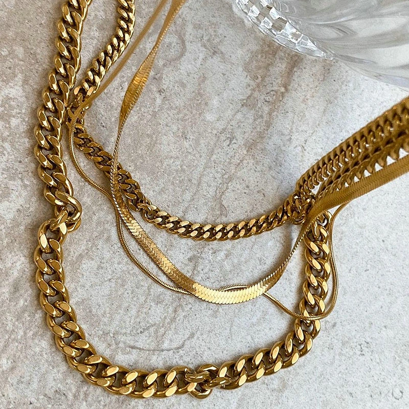 Basic Cuba Chain Layered Stainless Steel Necklace Set