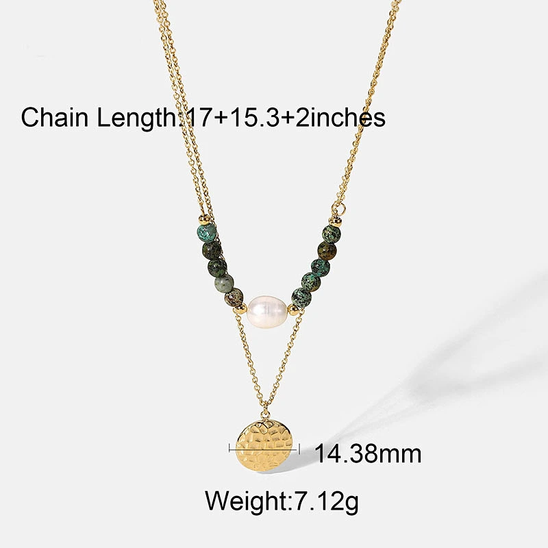 Natural Stone Pearl Pendant Layered Steel Necklace