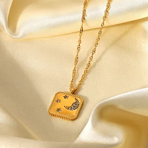 Moon Star Square Zircon Pendant Chain Necklace