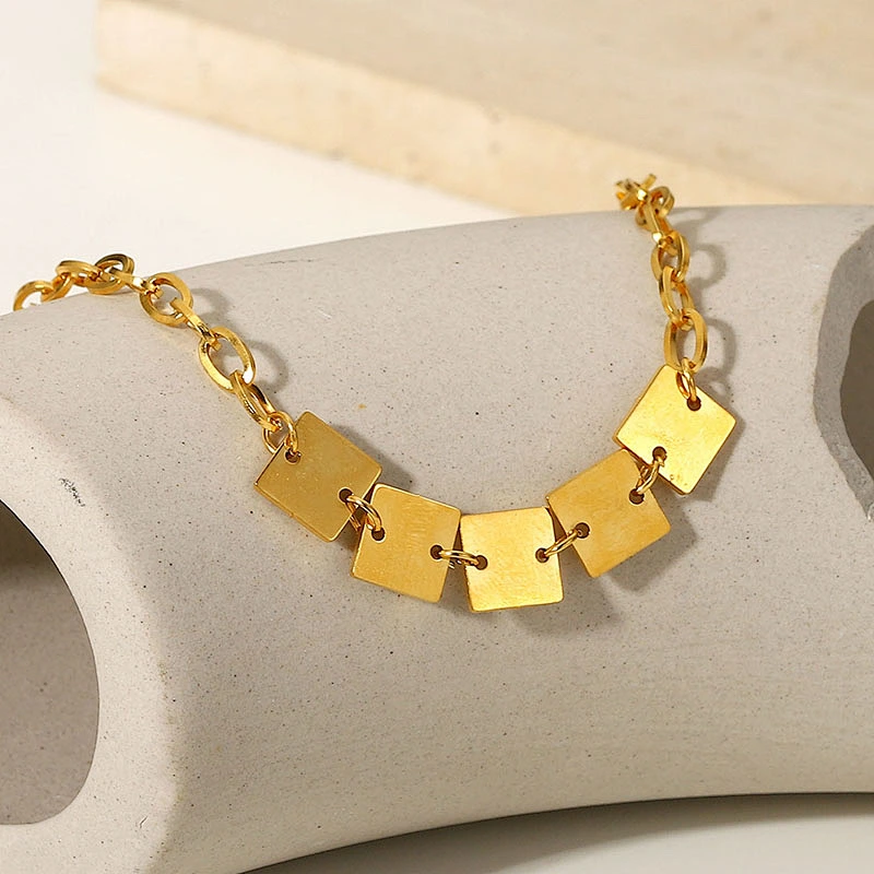 Pvd Gold Square Charm Basic Chain Bracelet