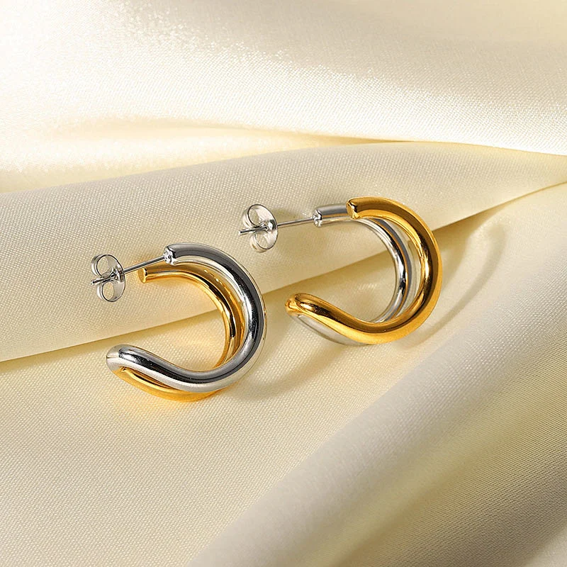 Mixed Color Stainless Steel C-Shaped Earrings
