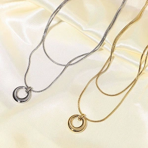 18K Gold Rhodium Plated Circle Pendant Multilayer Necklace