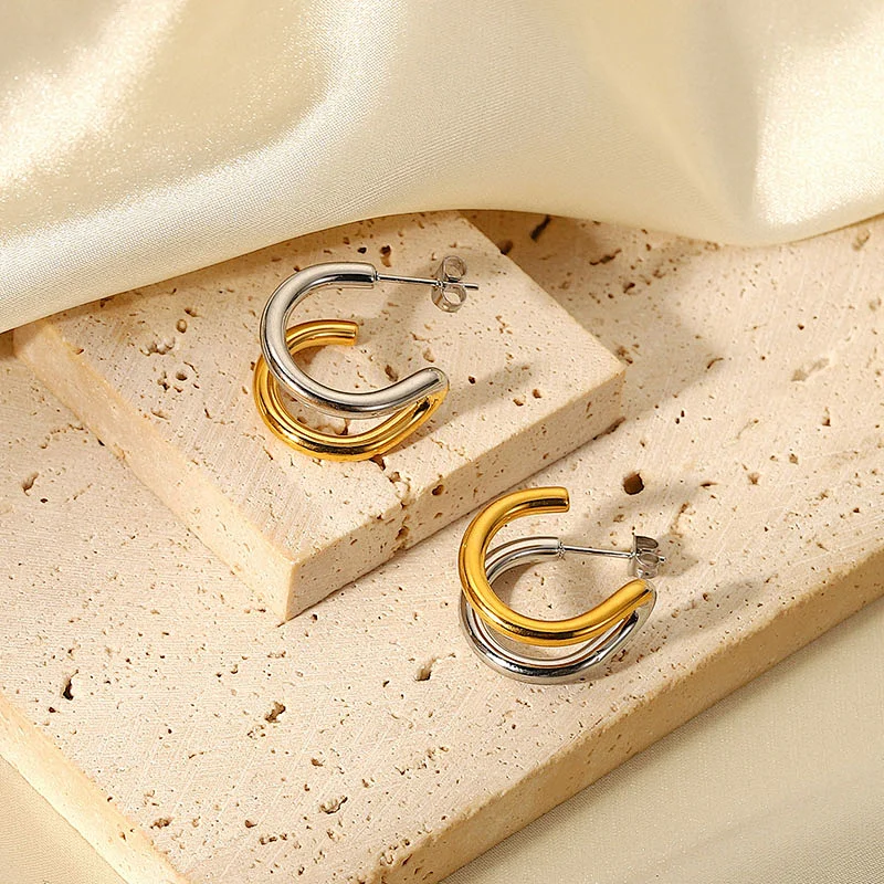 Mixed Color Stainless Steel C-Shaped Earrings