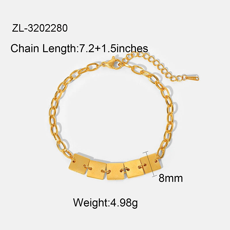 Pvd Gold Square Charm Basic Chain Bracelet
