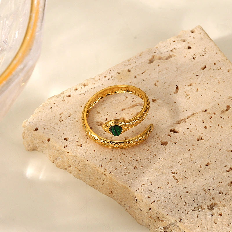 Stainless Steel Snake Ring With Green Stone