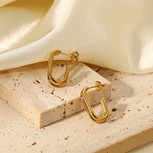 18K Gold Basic C-Shaped Earrings Hoop Earrings