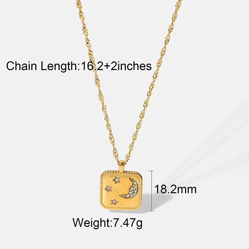 Moon Star Square Zircon Pendant Chain Necklace