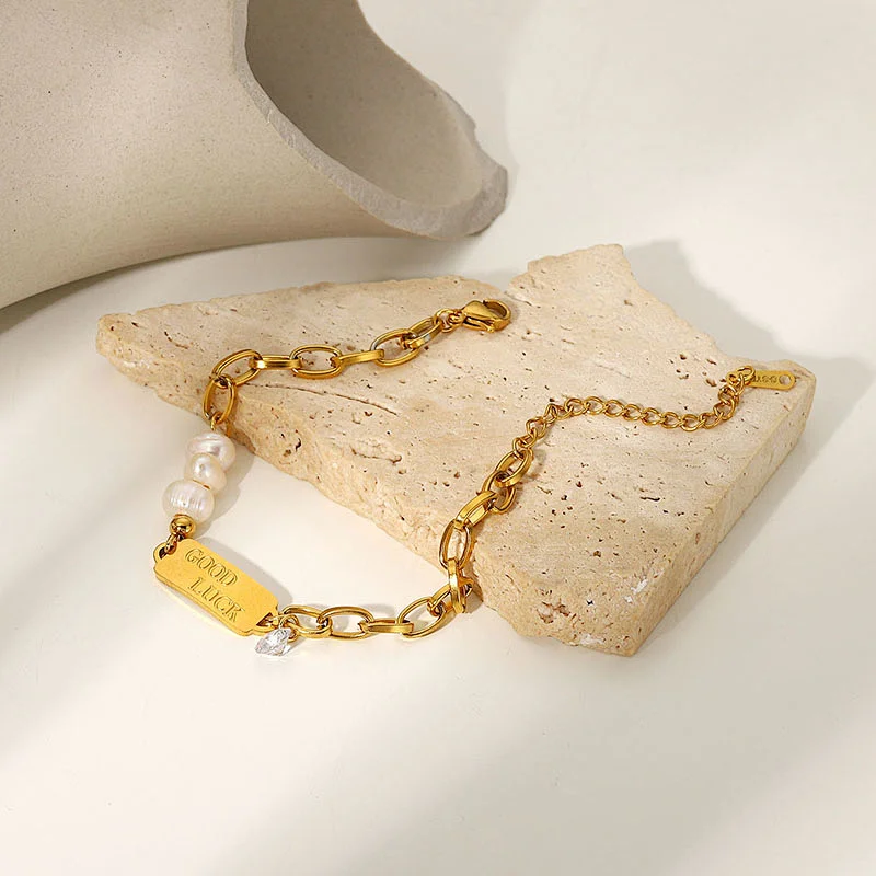 Lucky Charm Pearl Chain Bracelet With Zirconia